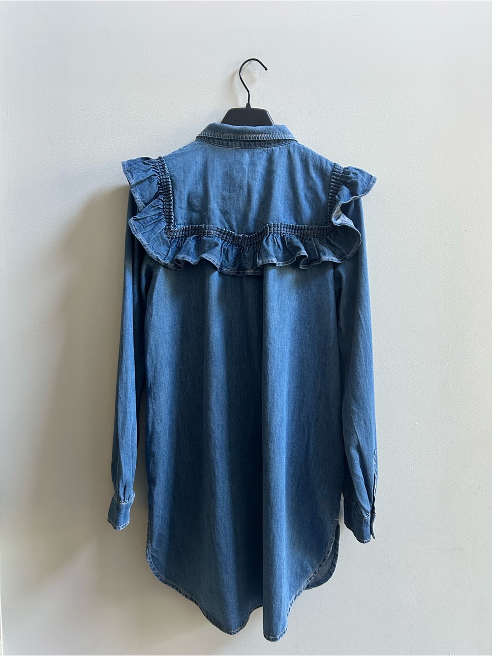 NWT Anthropologie Pilcro Size Large Blue Ruffle Denim Mini Shirt Dress - Picture 11 of 16